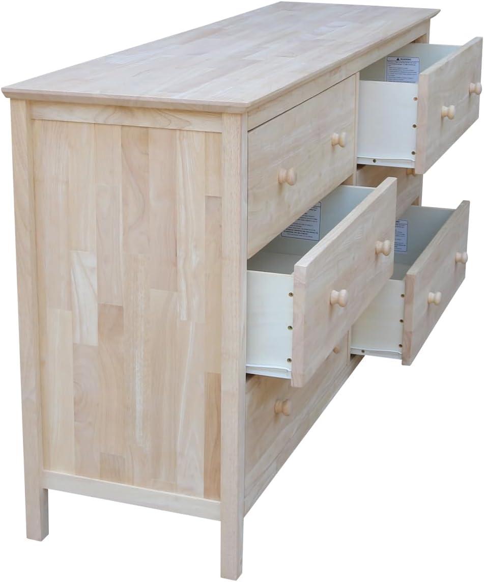 Dresser with 6 Drawers Unfinished - International Concepts: Solid Parawood Bedroom Storage