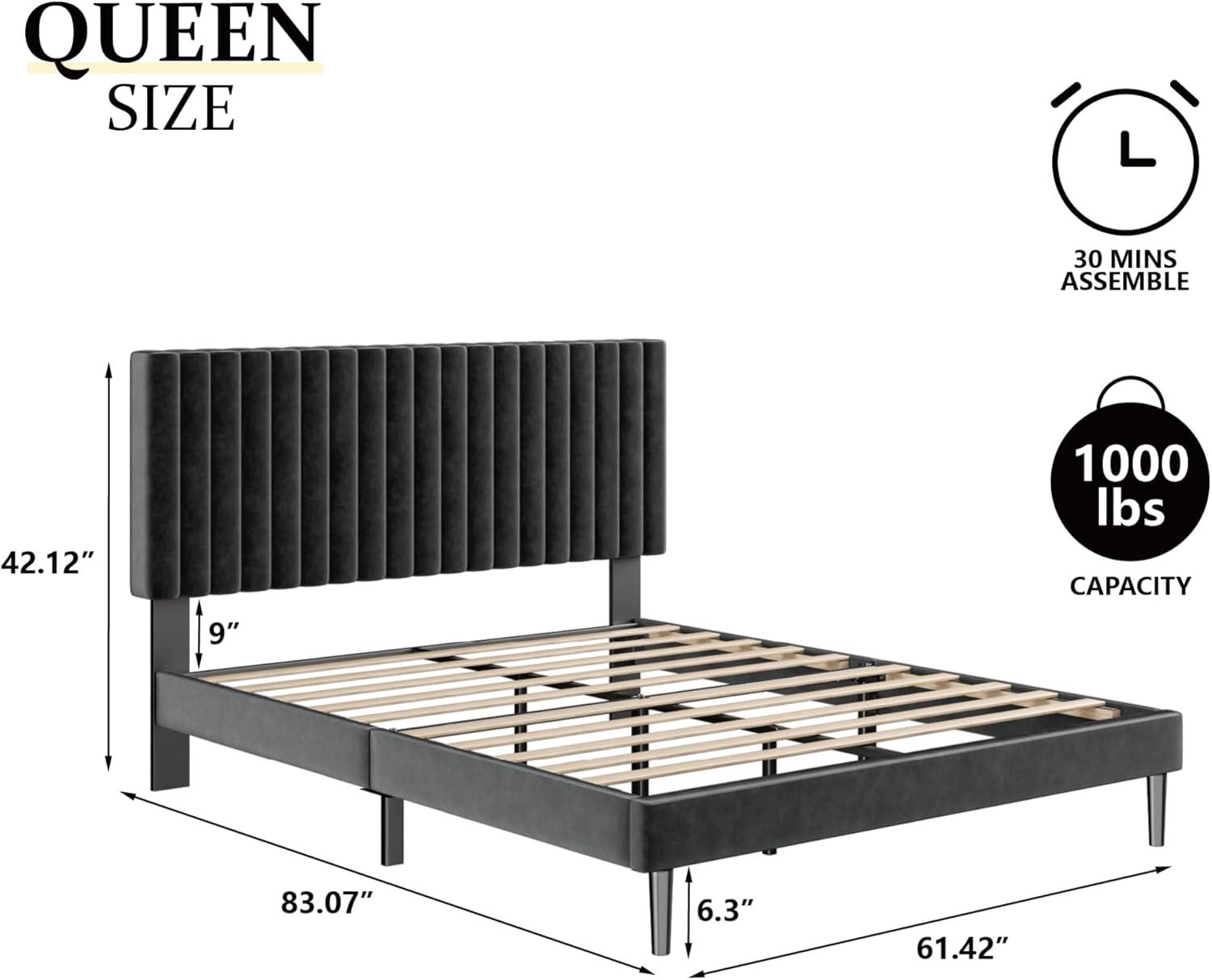 Full Size Bed Frame with Velvet Upholstered Headboard, Platform Bed with Strong Wood Slats, Mattress Foundation, Box Spring Optional, Easy Assembly, Black