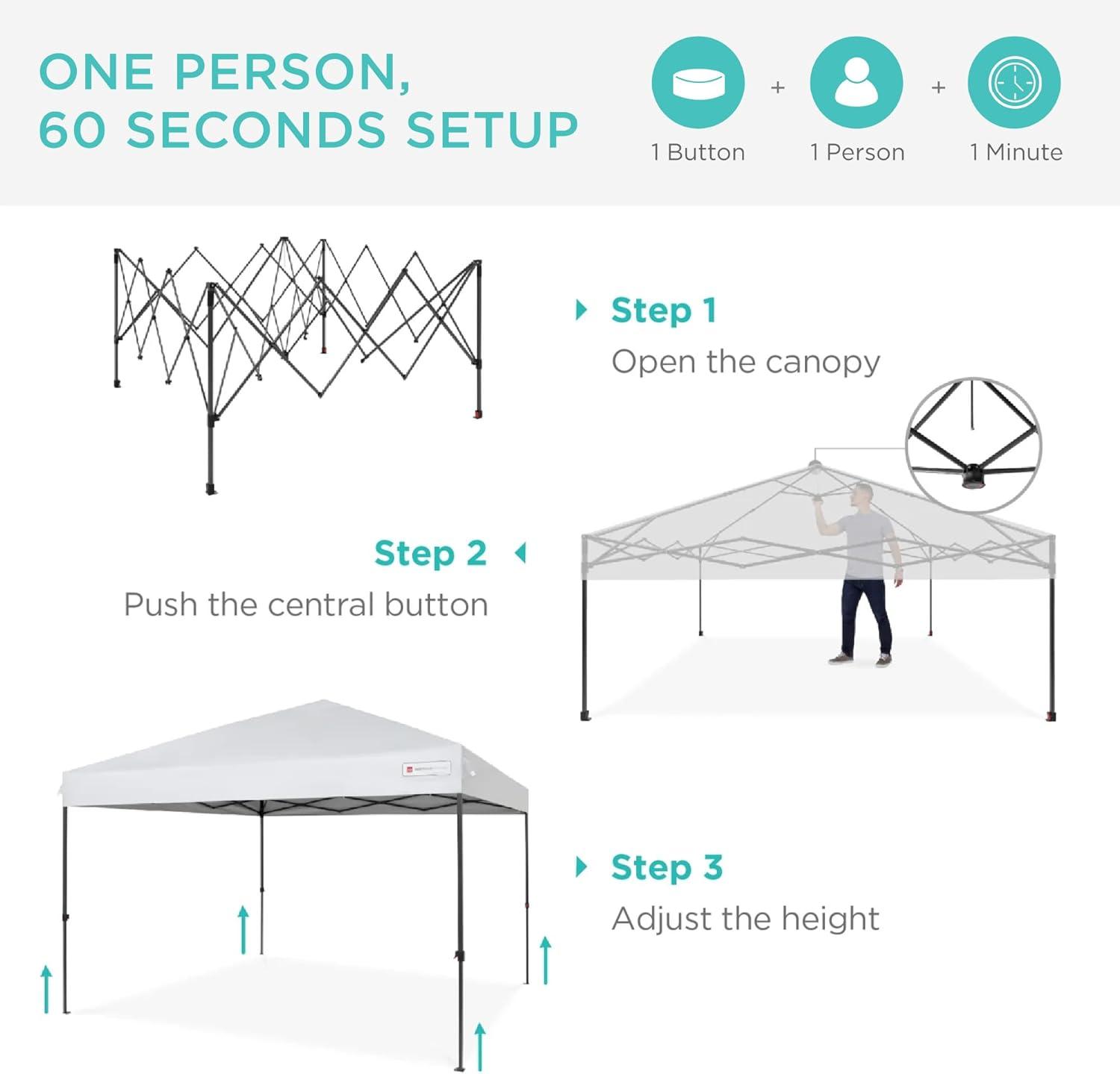 Best Choice Products 10x10ft Easy Setup Pop Up Canopy w/ 1-Button Setup, Wheeled Case, 4 Weight Bags