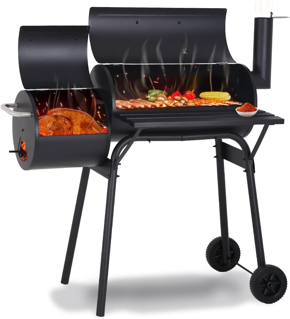 Black Steel Portable BBQ Grill with Offset Smoker