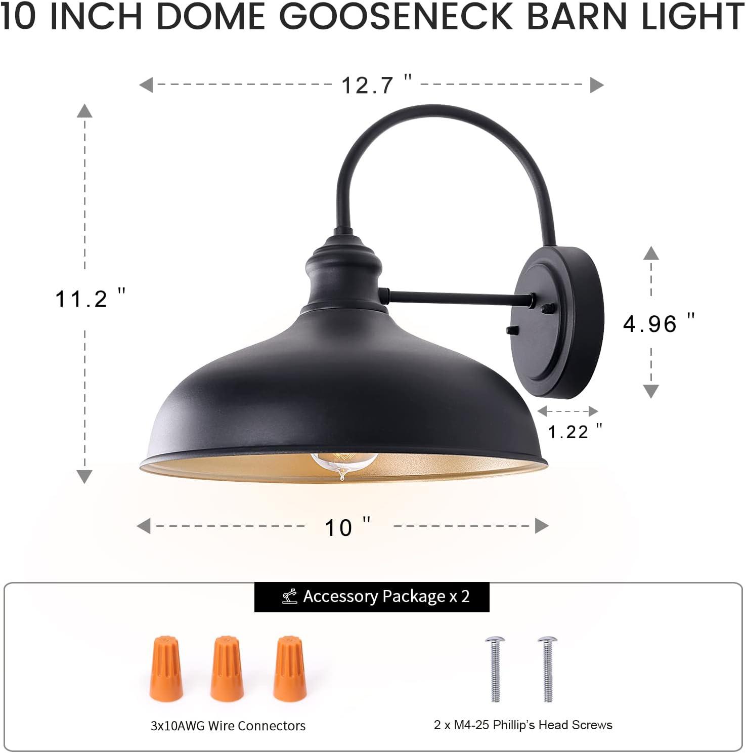 GOALPLUS 2 Pack Goosenck Barn Lights Outdoor, 10 Inch Dome Farmhouse Exterior Lighting for Porch, Matte Black Exterior and Brass Interior