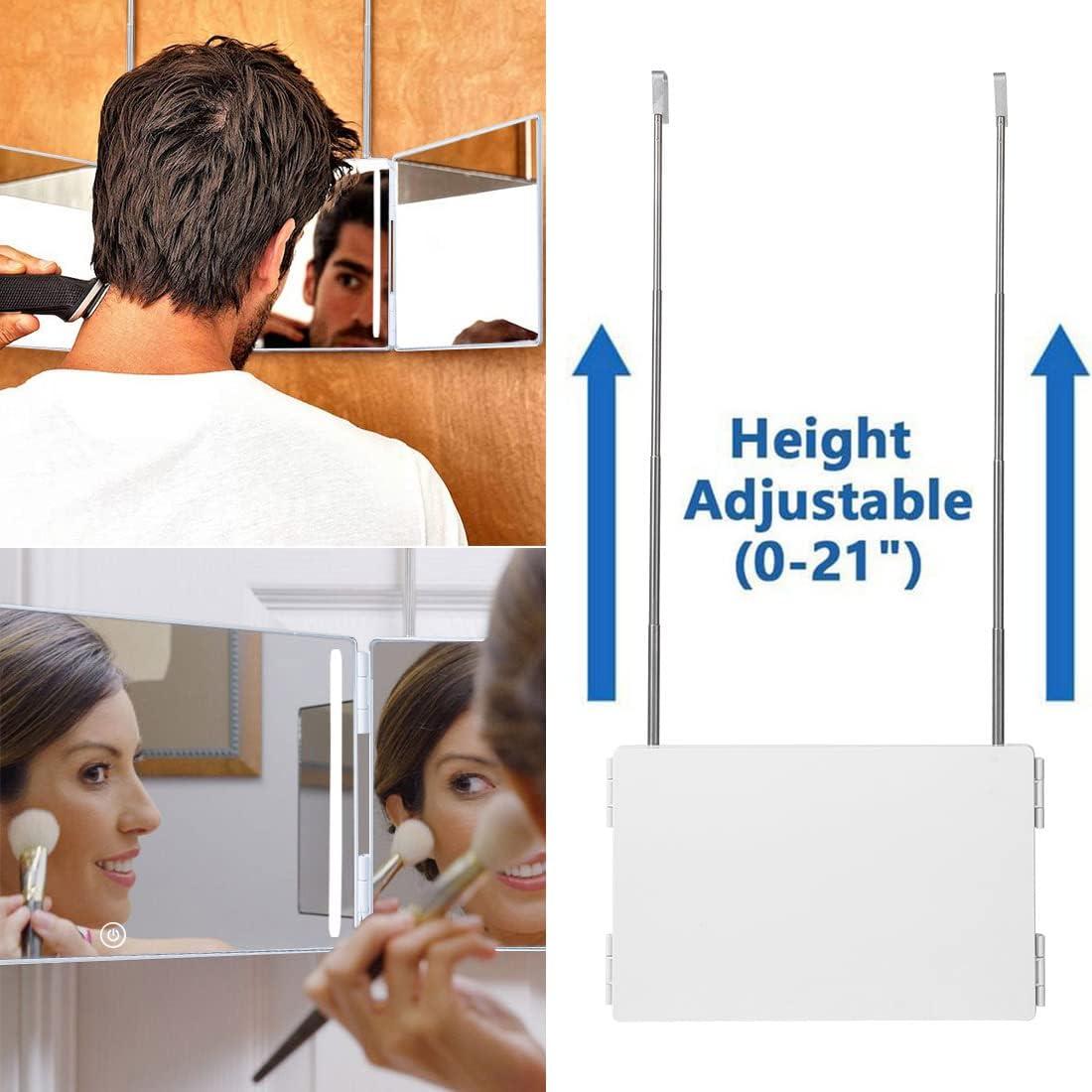 HIEEY 3 Way Mirror for Hair Cutting,360 Trifold Mirror with Height Adjustable Telescoping Hooks,and 5X Magnification Mirror,for Makeup, Hair Styling