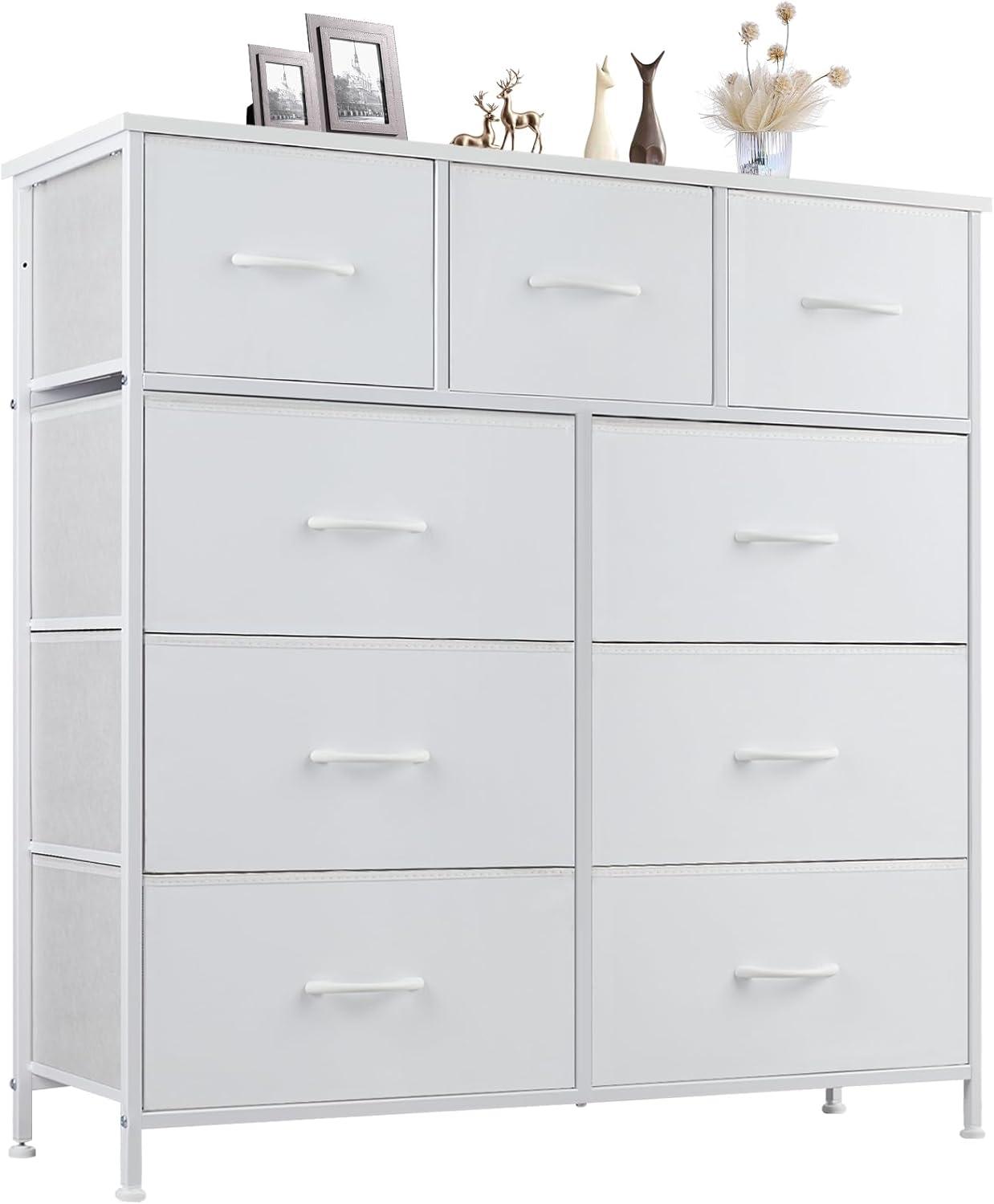 Yanming Fabric Storage Dresser with 9 Drawers, Steel Frame and Wooden Top for Bedroom, Closet, Entryway and Nursery, White