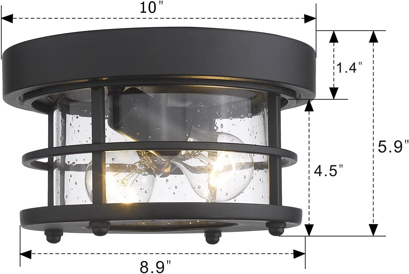 Black Metal and Seeded Glass Round Ceiling Light Fixture