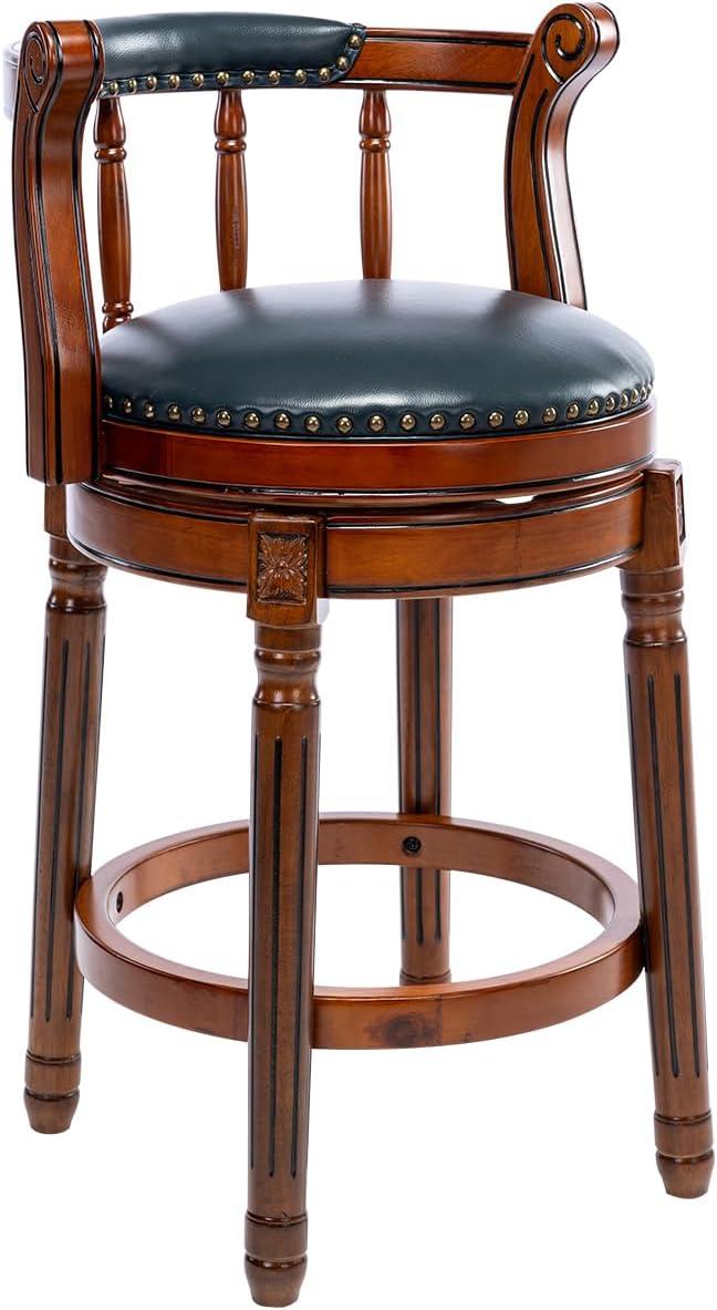 26" Blue Leather Swivel Bar Stool with Wood Frame