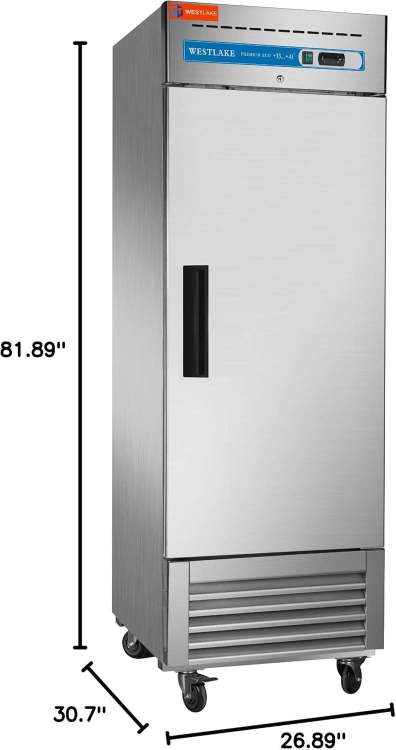 WESTLAKE 27" W Commercial Refrigerator Stainless Steel Reach in Solid Single Door Upright Fan Cooling 23 Cu.ft Cooler for Restuarant, Bar, Shop, etc