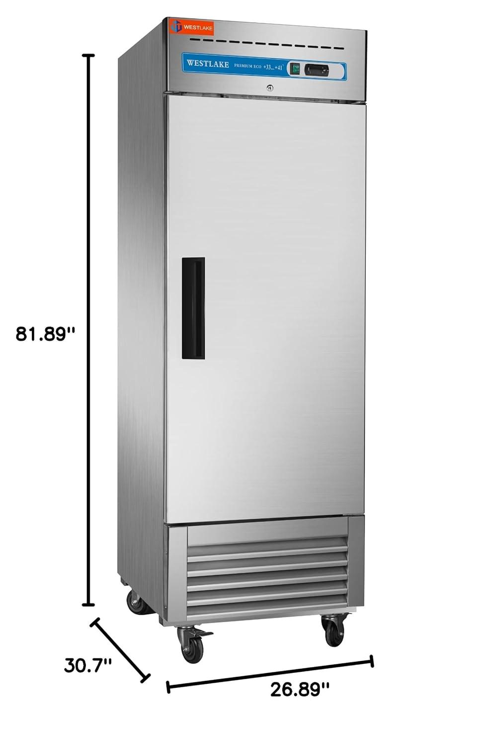 WESTLAKE 27" W Commercial Refrigerator Stainless Steel Reach in Solid Single Door Upright Fan Cooling 23 Cu.ft Cooler for Restuarant, Bar, Shop, etc