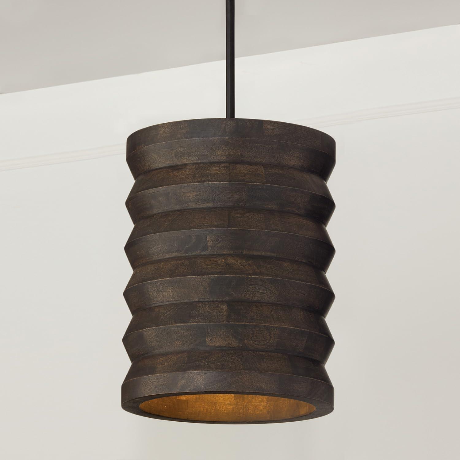 14" W x 18" H 1-Light Pendant in Matte Black and Handcrafted Mango Wood in Espresso Stain