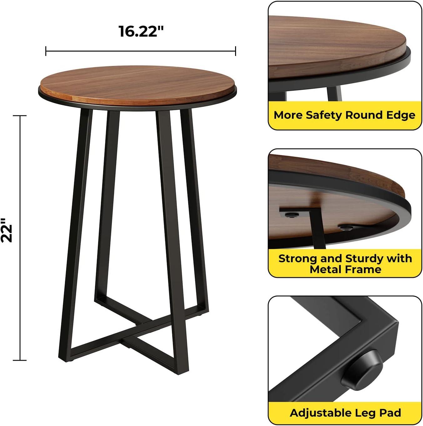 Round Small End Table Walnut Color MDF Top,Metal Frame Black, Tall End Table for Bed Room,Coffee Tea End Table for Living Room(Walnut+Black)