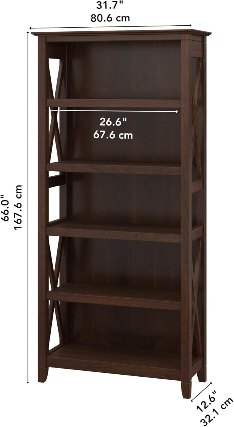 Transitional Bing Cherry Adjustable Wood Bookcase with X-Pattern Accents