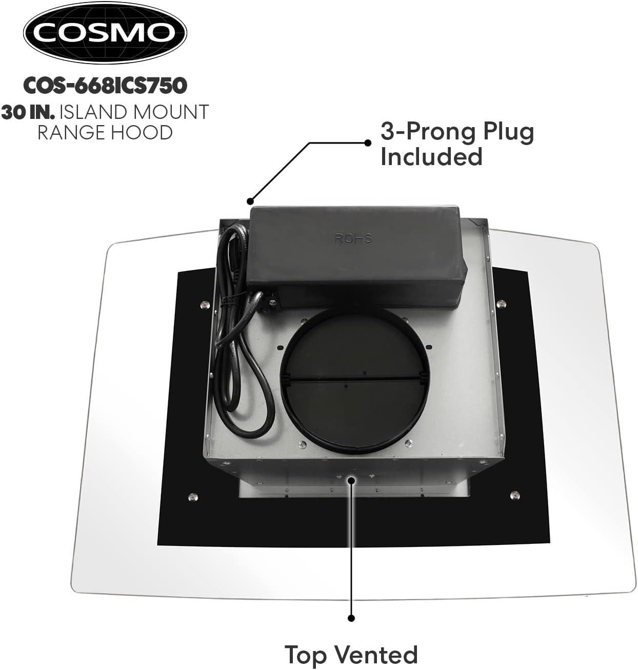 Cosmo 30 in. Ducted Island Range Hood in Stainless Steel with LED Lighting and Permanent Filters