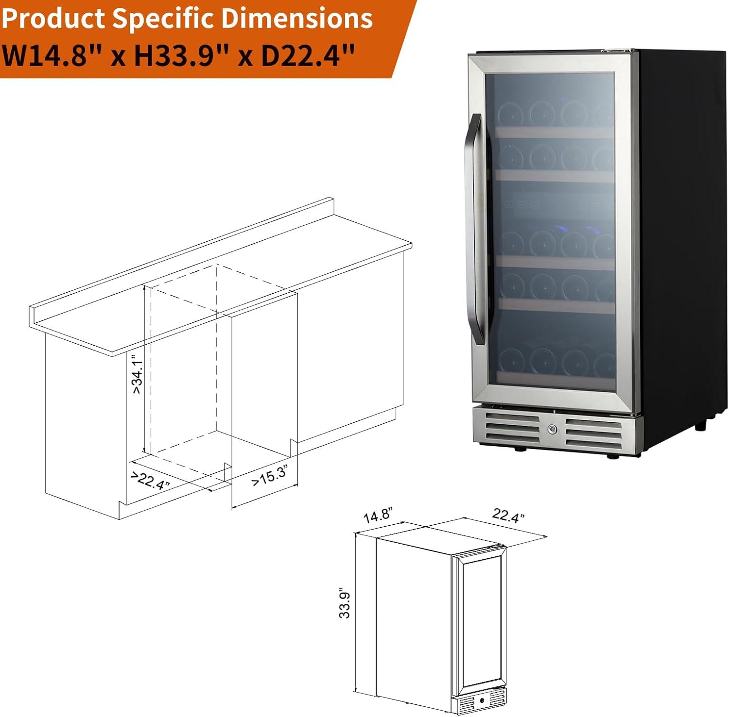 15 Inch Wine Cooler Under Counter, 29 Bottle Dual Zone Wine Fridge Wine Refrigerator with Stainless Steel Digital Temperature Control, Temperature Memory, Built-in or Freestanding Wine Cellar