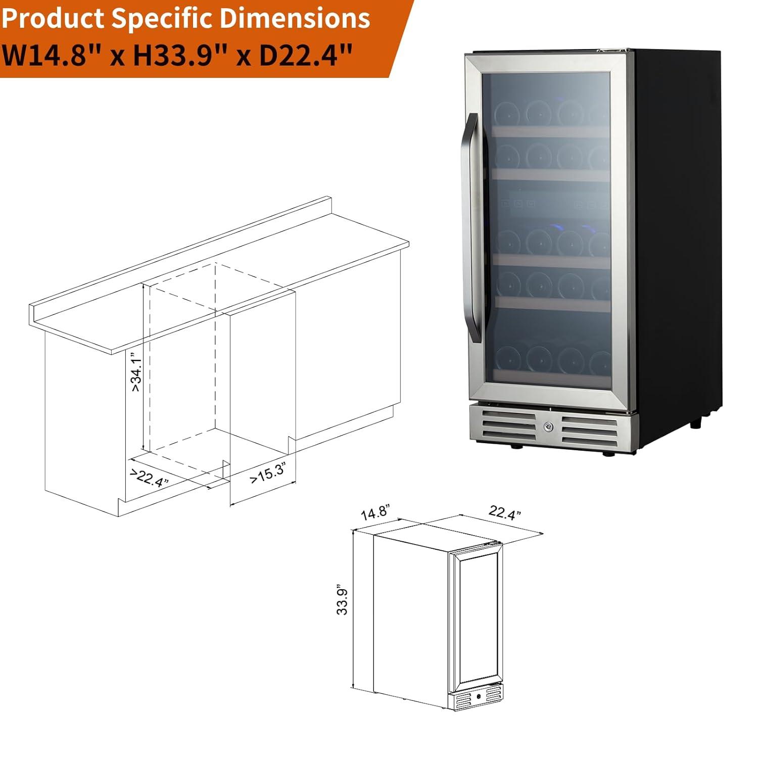 15 Inch Wine Cooler Under Counter, 29 Bottle Dual Zone Wine Fridge Wine Refrigerator with Stainless Steel Digital Temperature Control, Temperature Memory, Built-in or Freestanding Wine Cellar