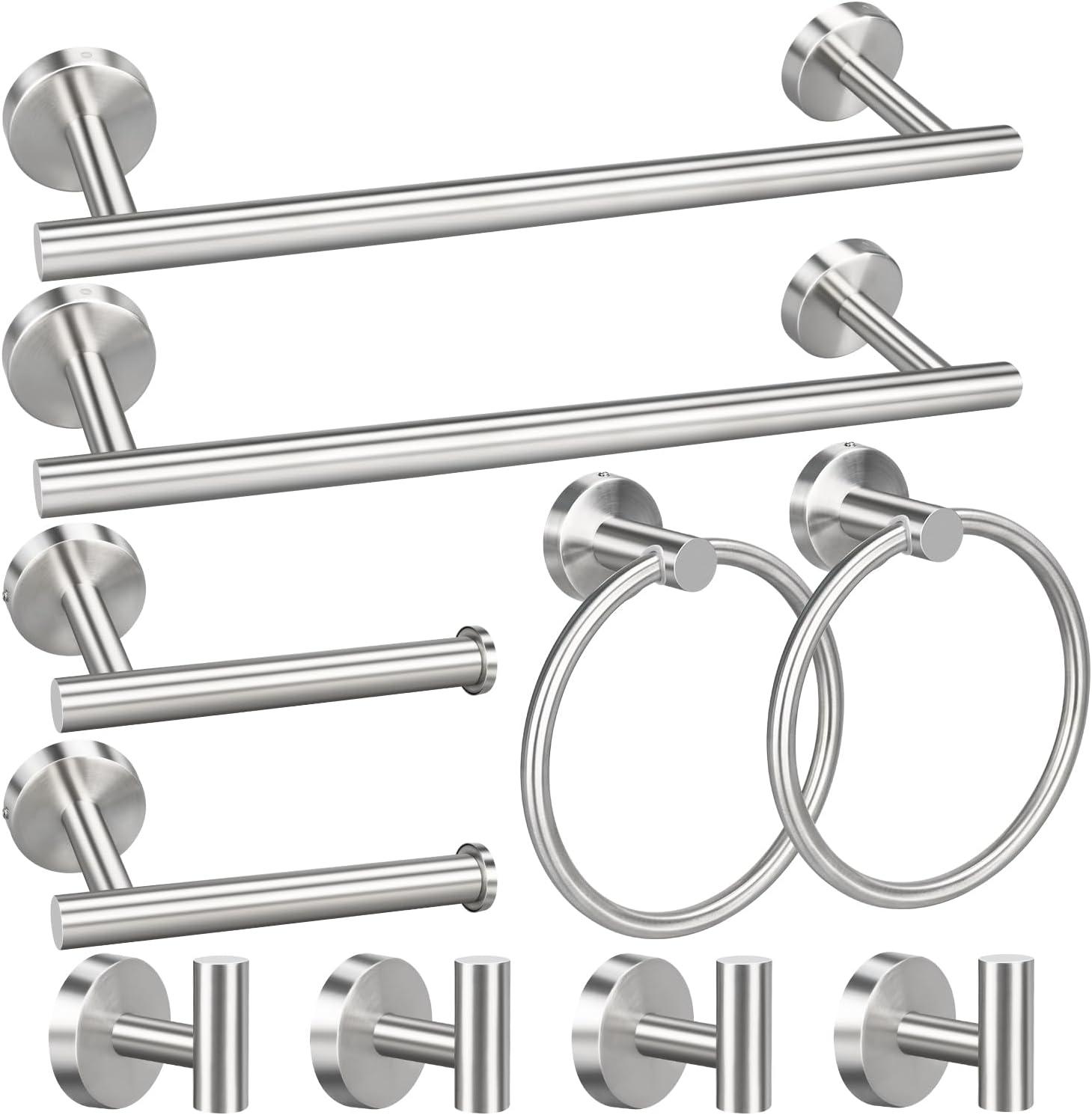 10 Pieces Brushed Nickel Bathroom Hardware Set Include 16inch Towel Bar,4pcsTowel Hooks,Toilet Paper Holder,Hand Towel Ring Round SUS304 Stainless Steel Bathroom Accessories Set