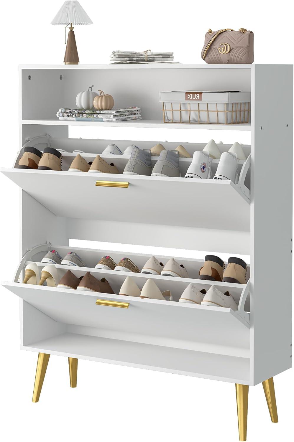 White Engineered Wood Freestanding Shoe Cabinet with Flip Drawers