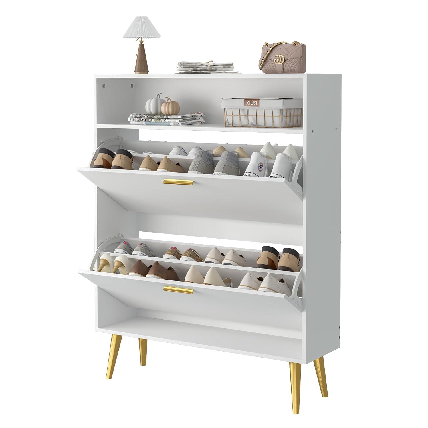 Shoe Cabinet Storage for Entryway  Freestanding Slim Shoe Organizer Cabinet with 2 Flip Drawers  Narrow Shoe Rack with Open Shelves for Hallway  Living Room  White