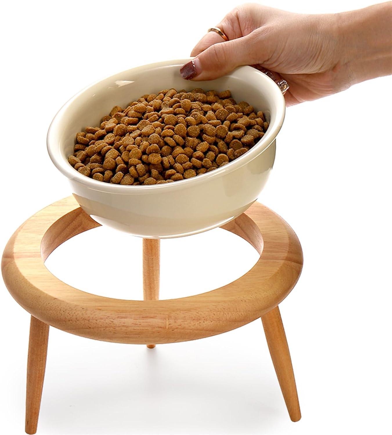 DEAYOU Ceramic Cat Bowl Adjustable, Tilted Elevated Raised Dish, No Spill Food Water Feeder, Slanted Dog Bowl with Wood Stand for Kitty, Supplies, Stress Free, 600 ML/20 OZ, Cream White C49