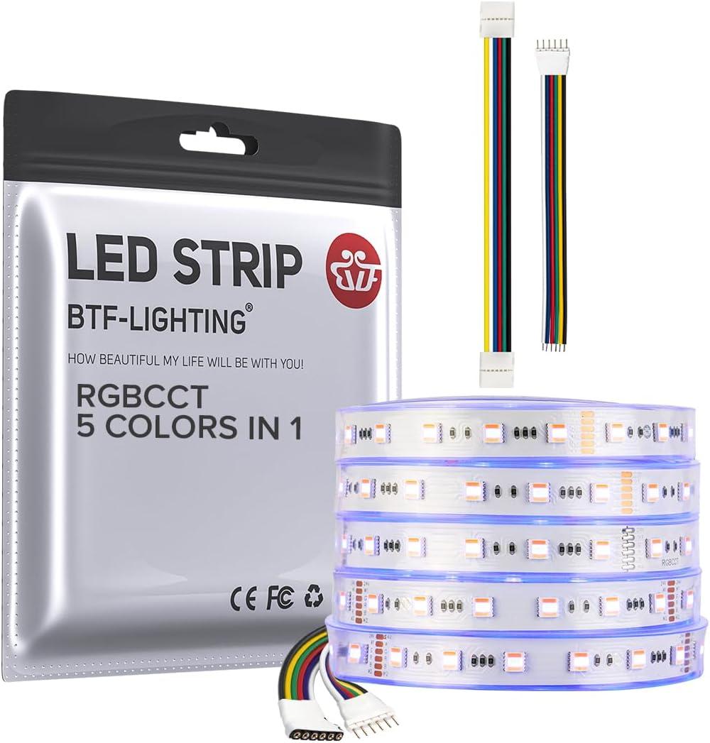 BTF-LIGHTING RGBCCT 5 Colors in 1 LED 5050SMD RGBWW RGB+Dimmable Tunable Color Temperature 2700K-6500K 16.4ft 60LEDs/m 300LEDs DC24V Multi-Colored Tape Lights IP30 White PCB(No Adapter or Controller)