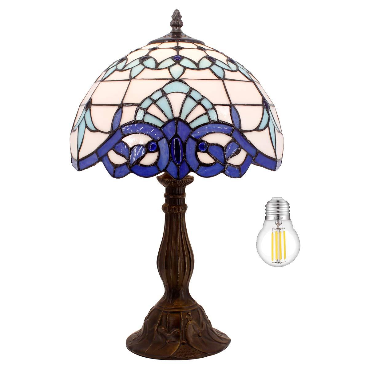 WERFACTORY Tiffany Table Lamp Navy Blue Baroque Stained Glass Style Desk Bedside Reading Light 12X12X18 Inches Decor Bedroom Living Room Home Office S003B Series