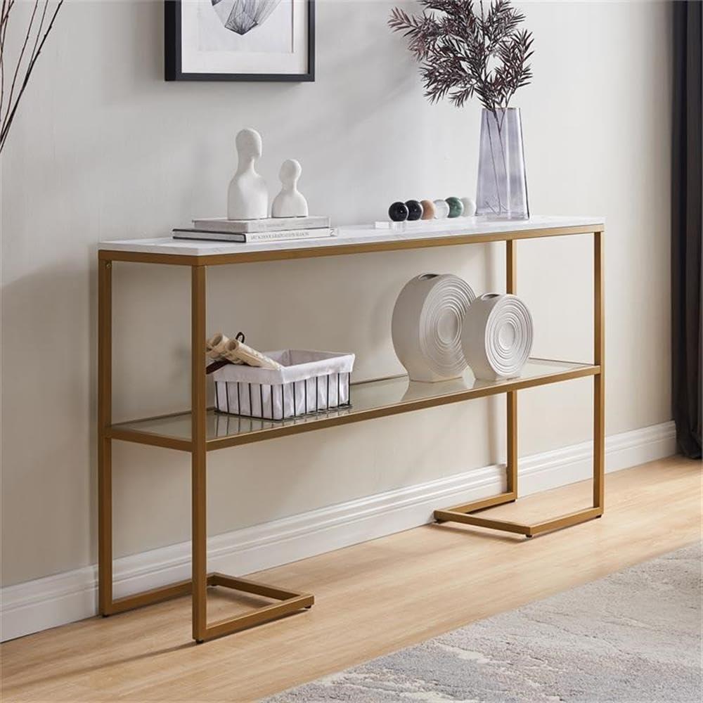 Evelyn&Zoe Errol 55" Wide Rectangular Console Table with Faux Marble Top, Gold