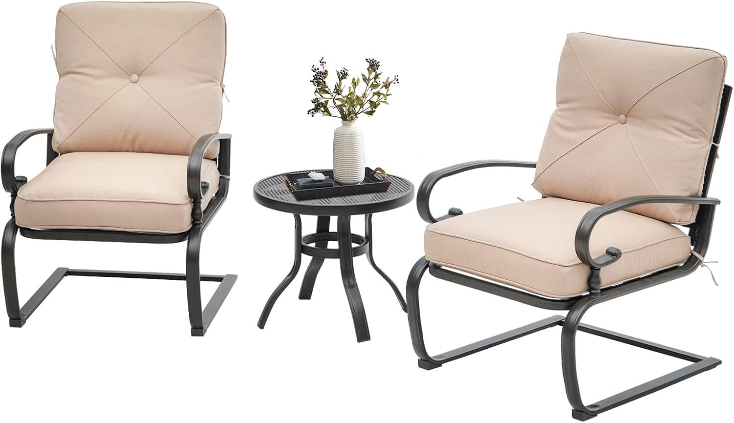 Brown Cushioned Iron Outdoor Bistro Set with Glass Table