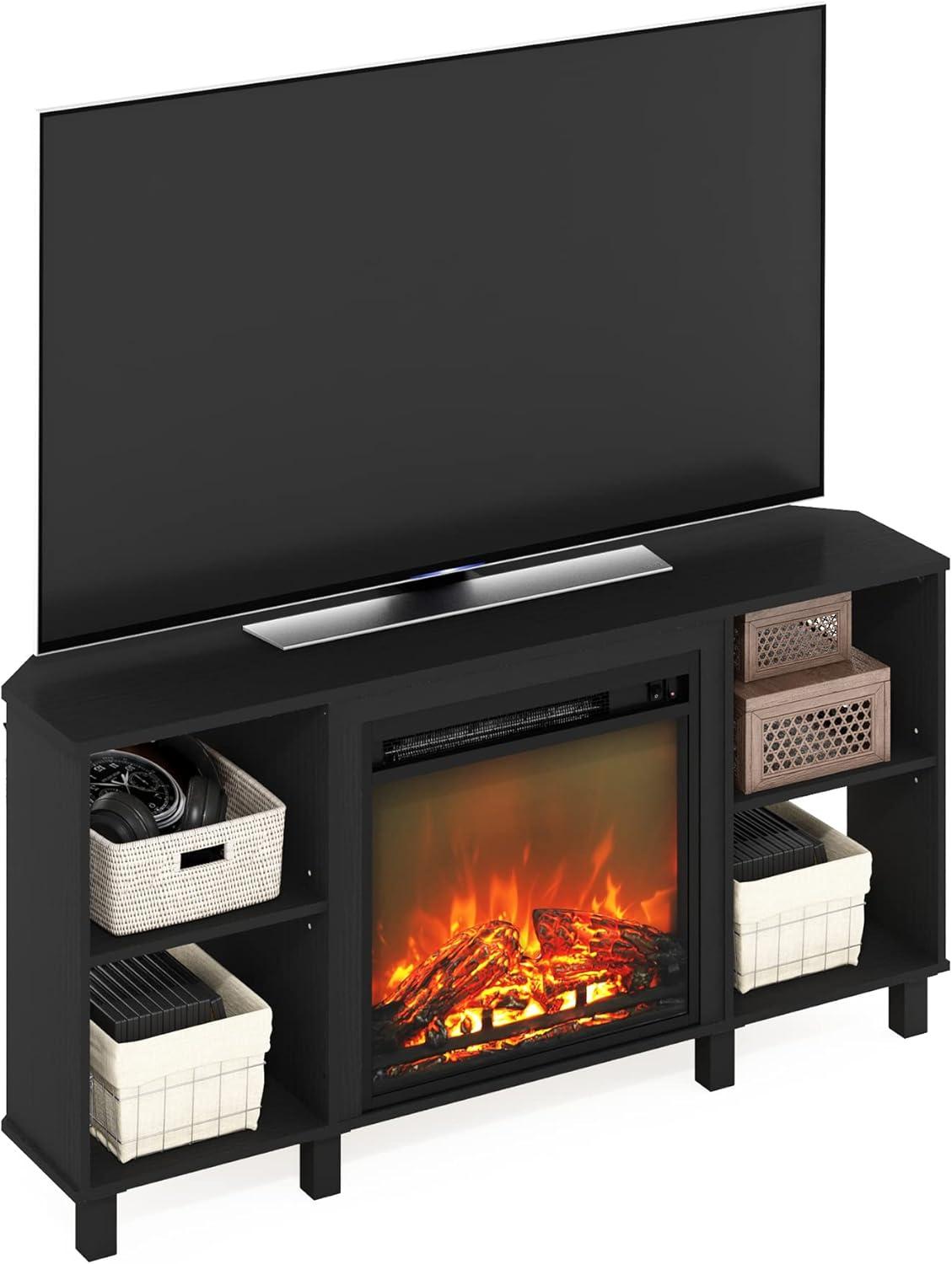 Gray Jensen Corner TV Stand with Electric Fireplace and Metal Legs