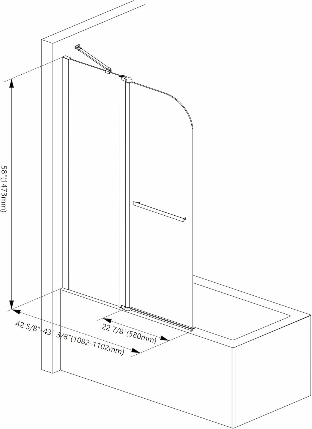 43" W x 58" H Frameless Glass Hinged Bathtub Shower Door with Clear Tempered Glass