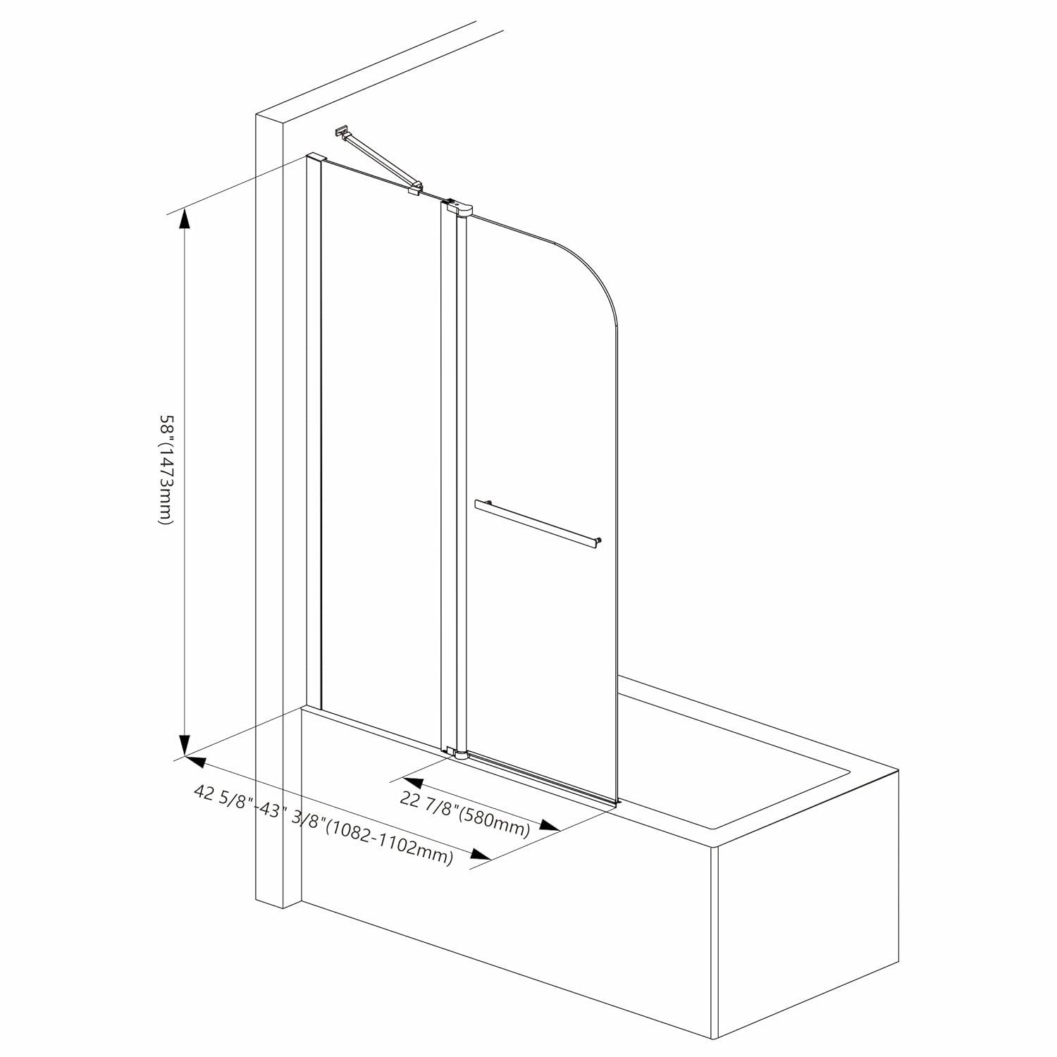 43-3/8" W x 58" H Frameless Pivot Tub Door with 1/4" Clear Tempered Glass