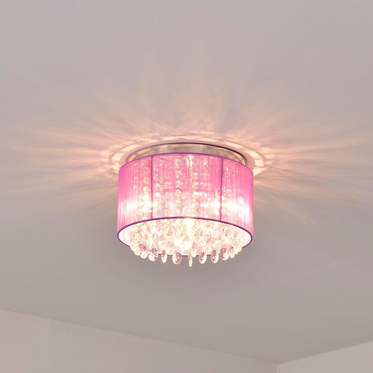 Pink Chandelier Drum Flush Mount Chandelier Crystal Ceiling Light Fixture 3 Light Bedroom Chandelier