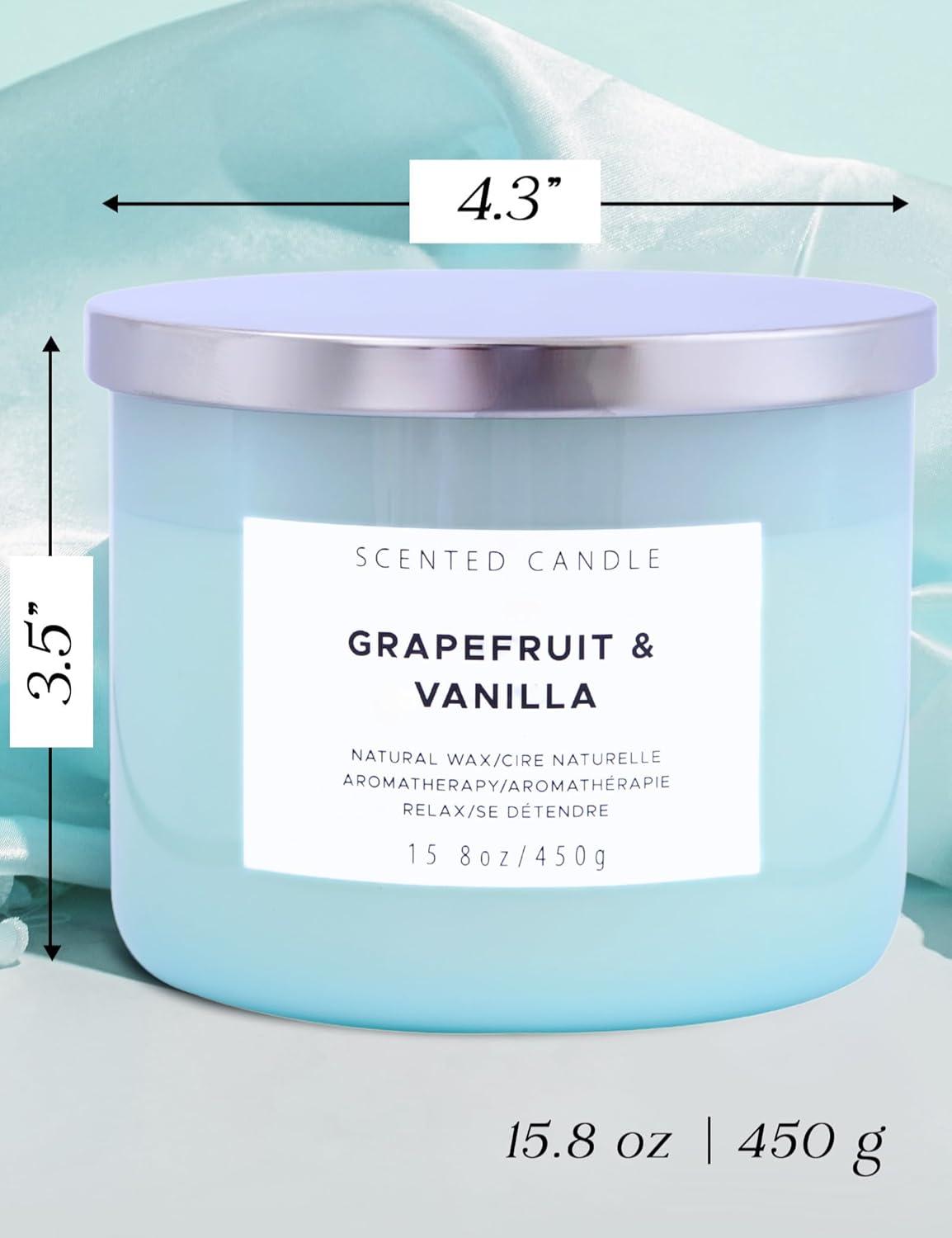 Grapefruit Vanilla Aromatherapy Candle 3 Wick Large Soy Scented Candles for Men and Women 15.8 Oz