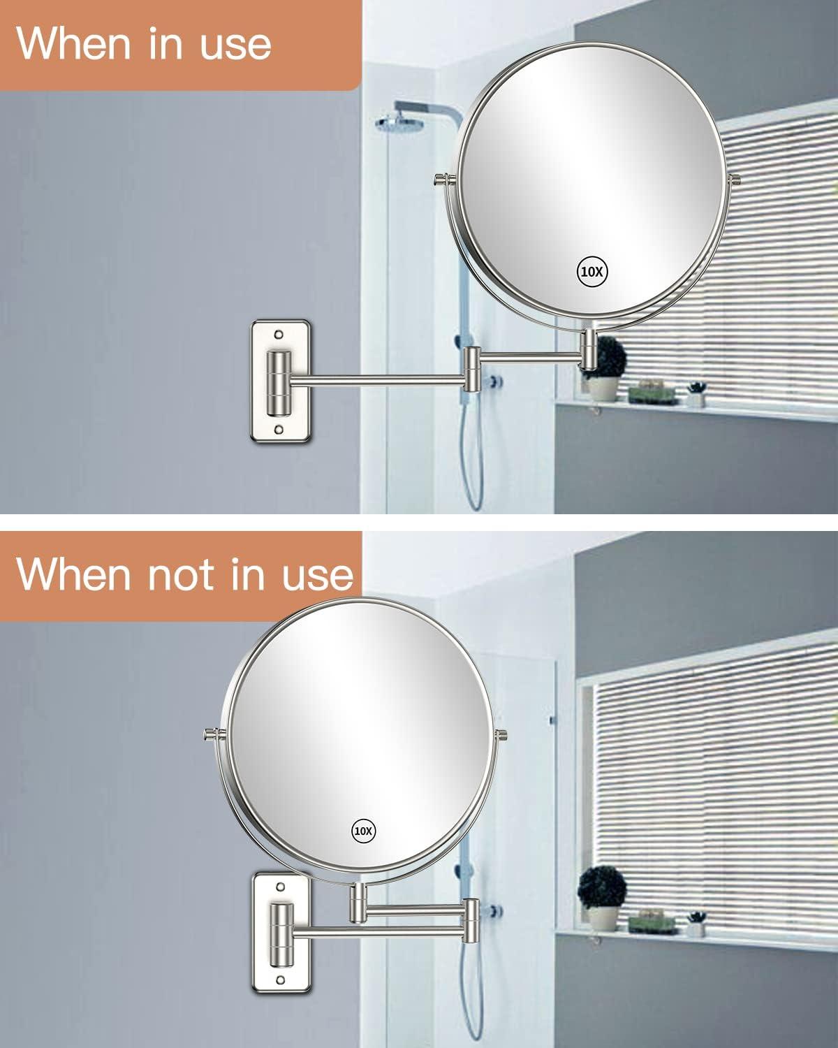 Benbilry 9" Large Size Wall Mounted Makeup Vanity Mirror, 1X/10X Magnifying Double Sided Shaving Mirror for Bathroom, 360° Swivel Extendable Arm Nickel Finish