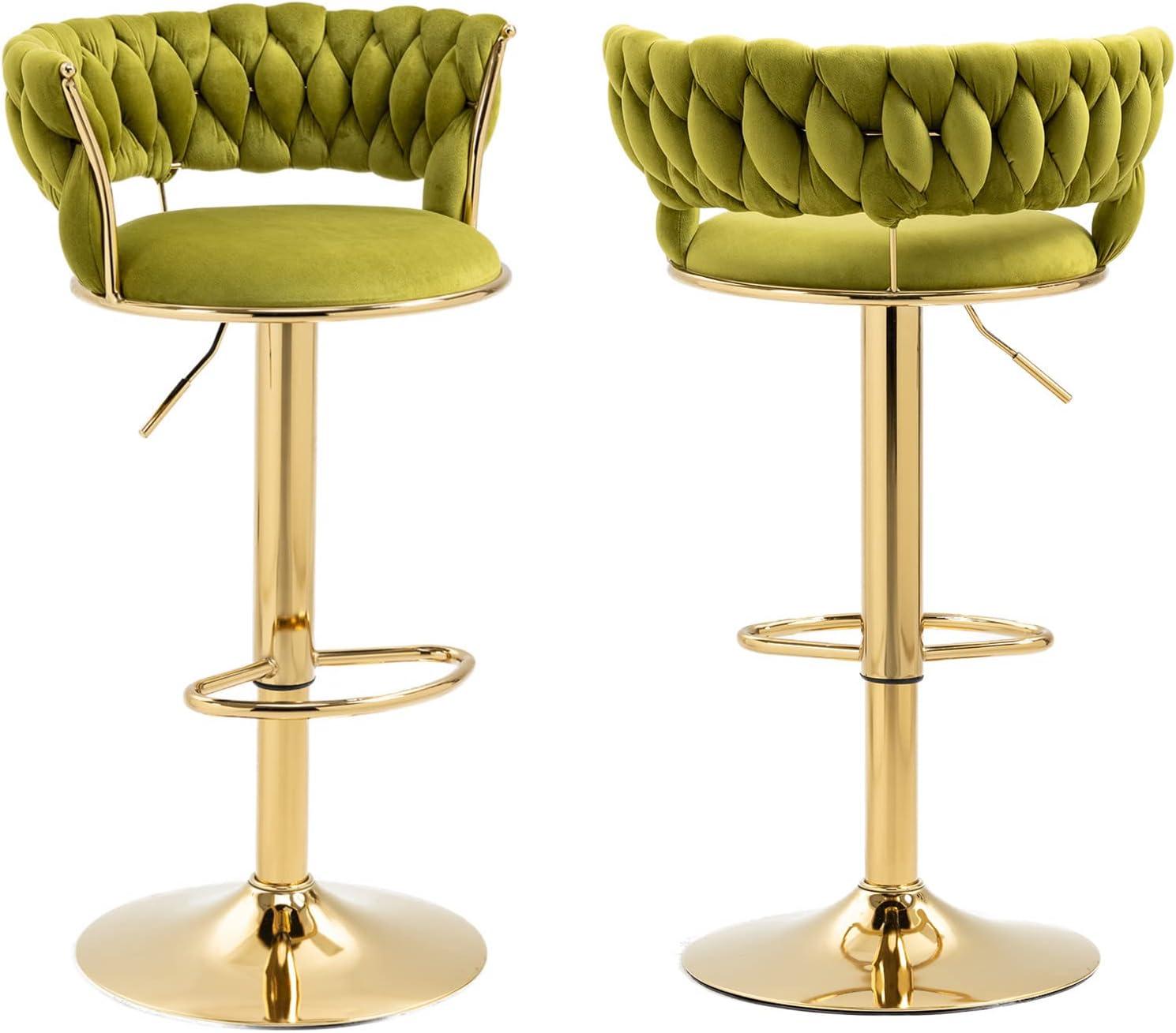 Emerald Green Velvet Adjustable Swivel Bar Stools with Gold Base, Set of 2