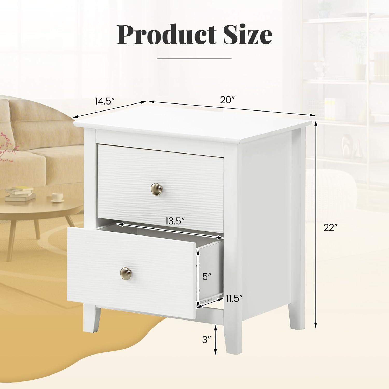 Tangkula Modern Nightstand with Storage 2 Drawers & Support Legs for Bedroom White