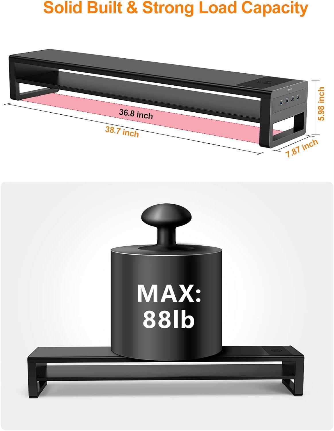 Black Metal Dual Monitor Stand with USB Ports and Storage