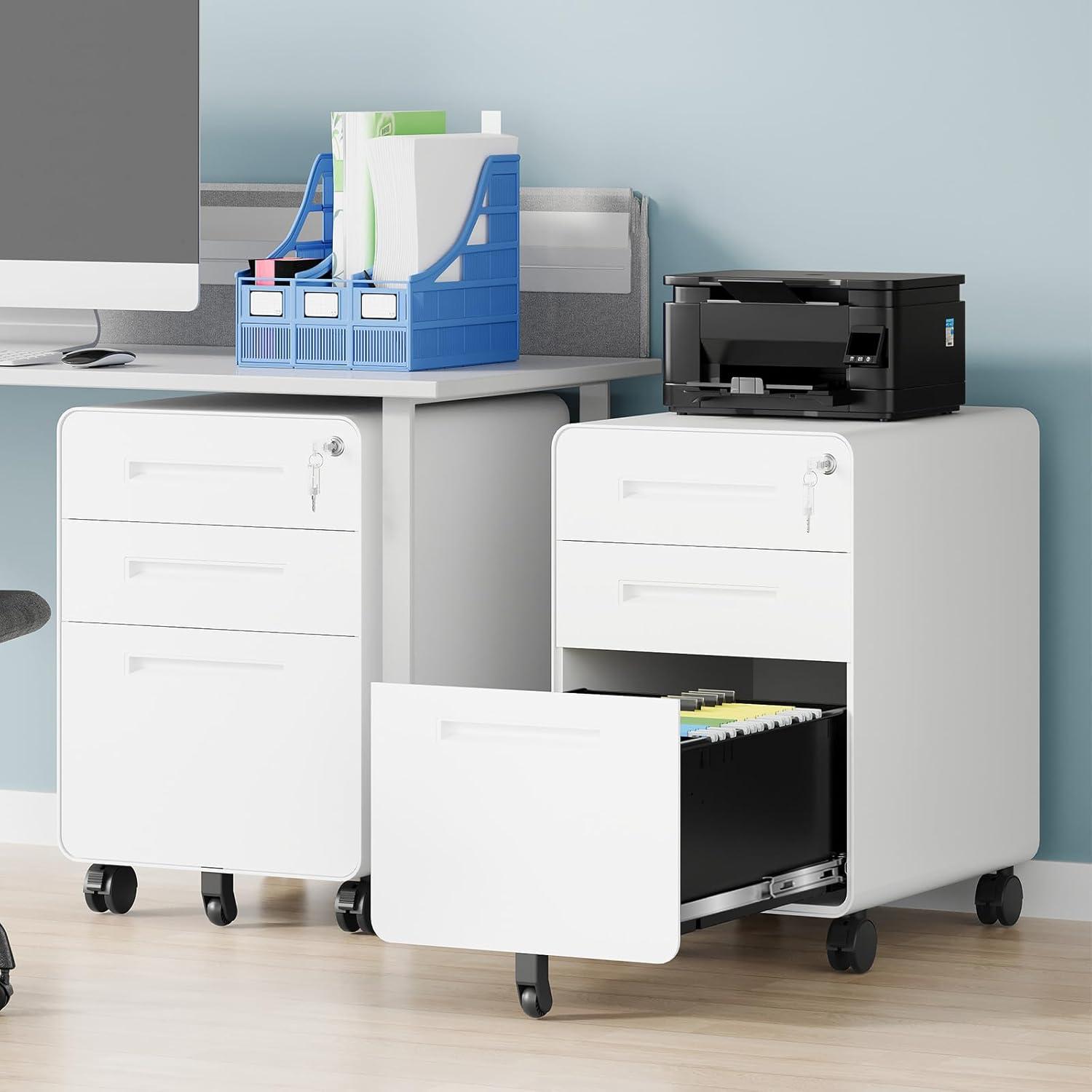 3 Drawer File Cabinet with Lock,Under Desk File Cabinet,White Rolling File Cabinet,Three Drawer Filing Cabinet for Home Office with Wheels,Fit A4/Letter/Legal File,Fully Assembled Except Casters