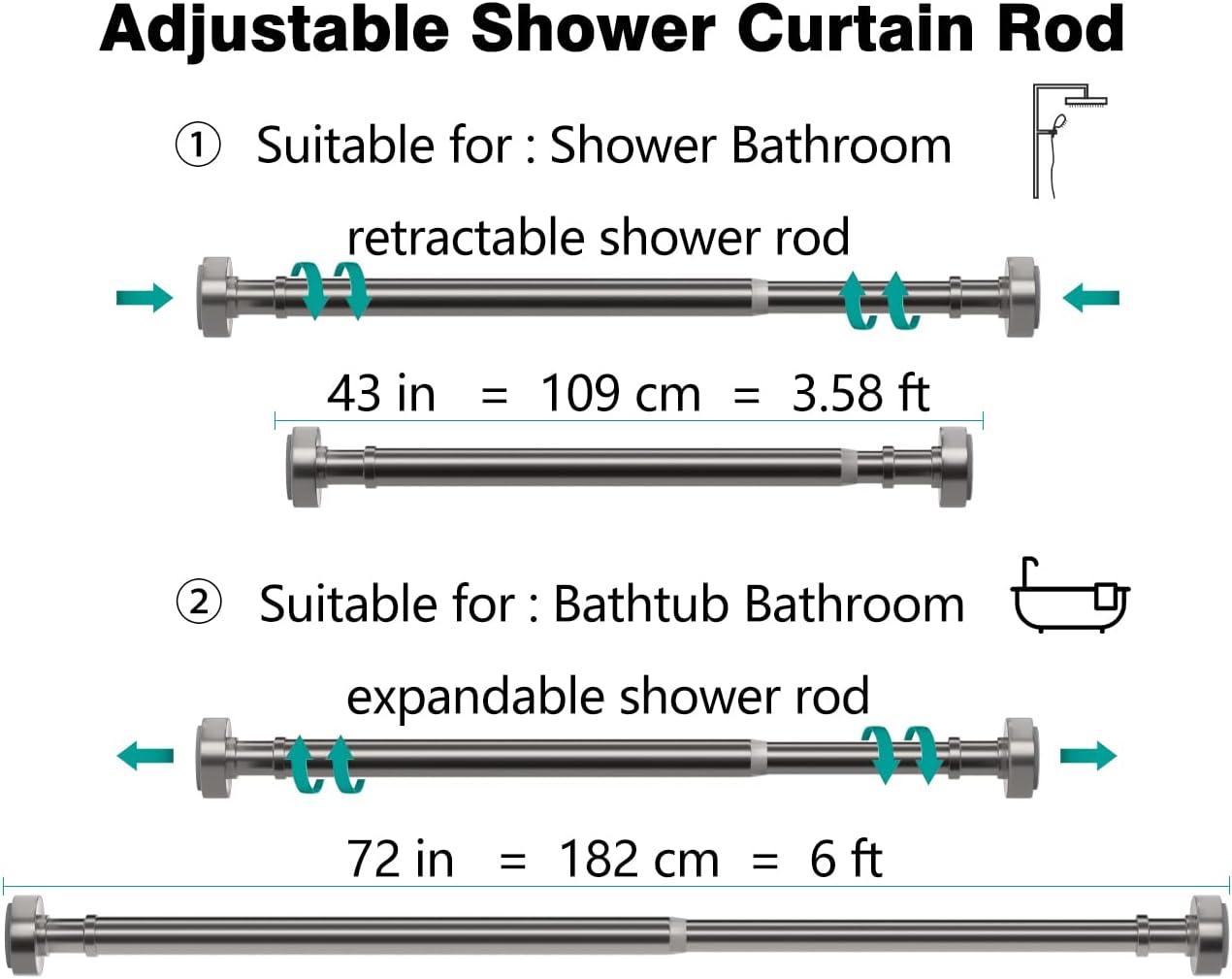 BloomFlower Brushed Nickel Shower Rod,Adjustable 43-72 inches,Rust Resistance, Metal Tension Rod with Spring