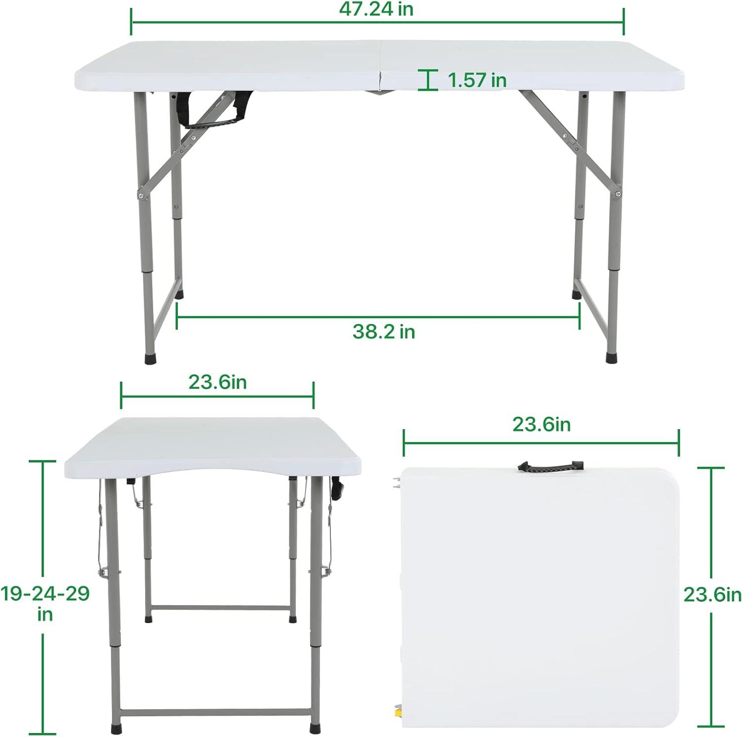 CL.HPAHKL 4 ft Folding Table with 3 Adjustable Height, Small Plastic Foldable Table with Carrying Handle, Portable Camping Table Fold in Half for Indoor Outdoor Camping, Picnic and Party, White