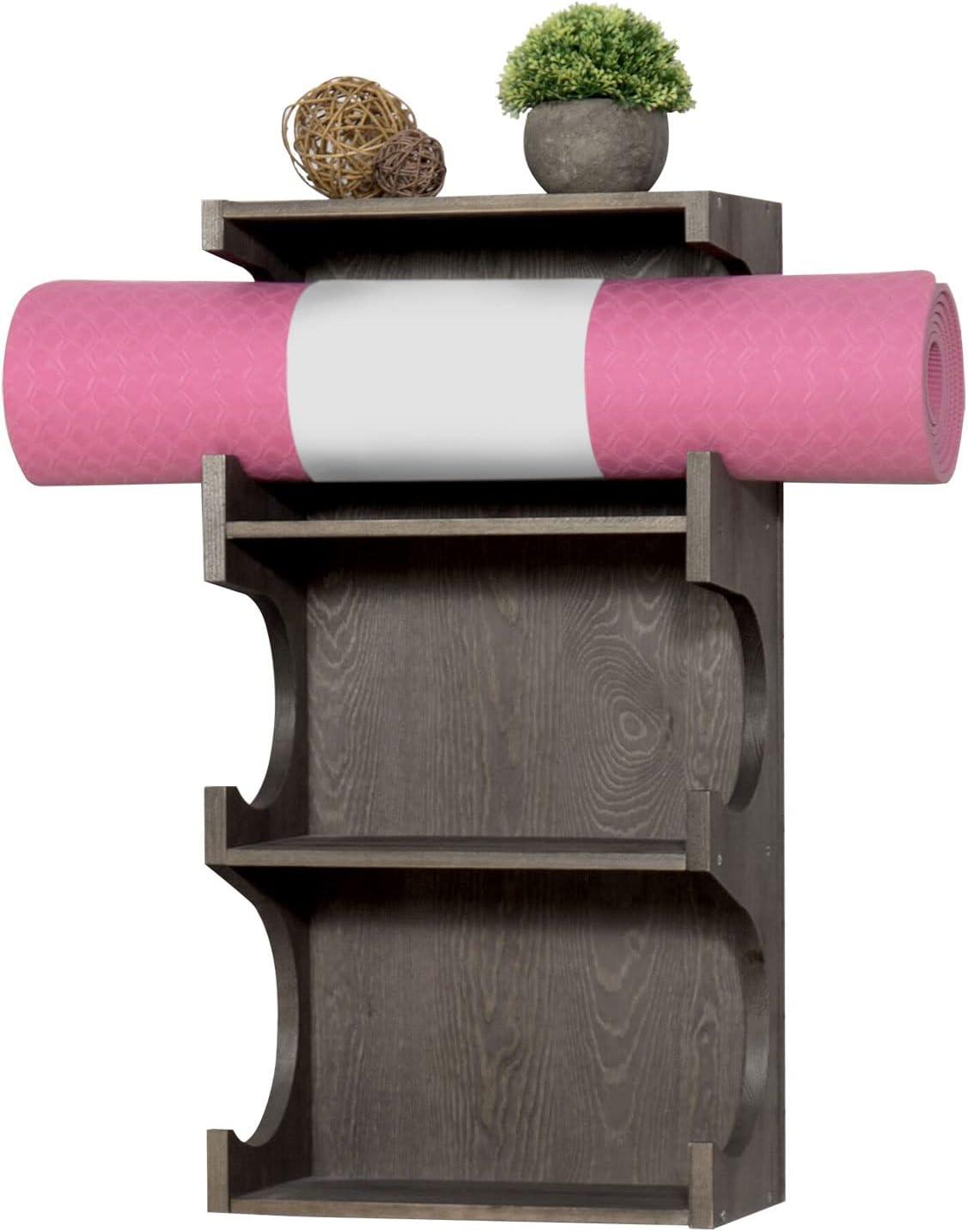 MyGift Wall-Mounted Vintage Gray Wood 3-Tier Yoga and Barre Mats Storage Rack