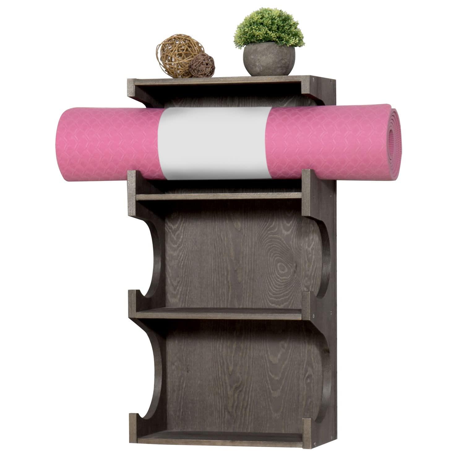 MyGift Wall-Mounted Vintage Gray Wood 3-Tier Yoga and Barre Mats Storage Rack