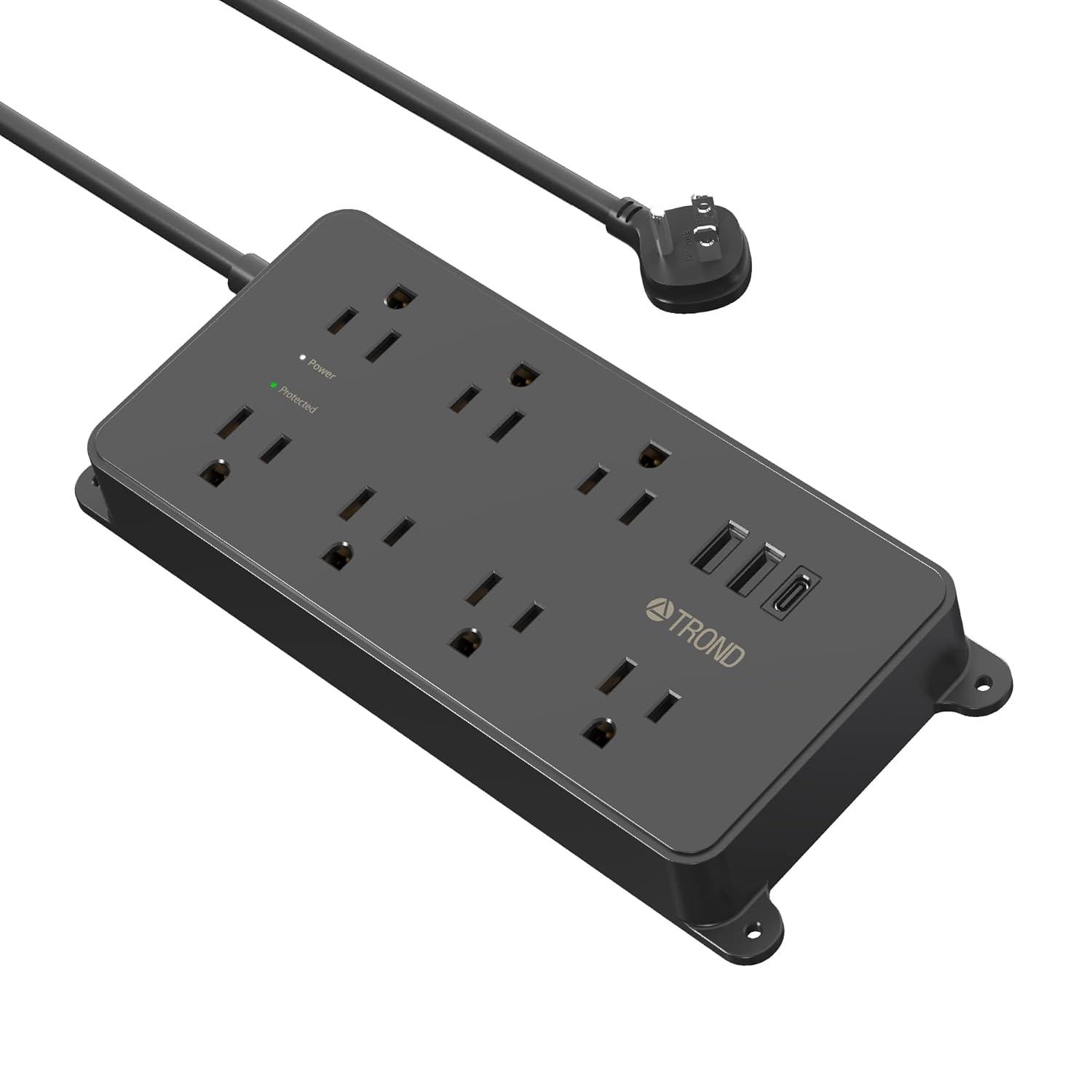TROND Power Strip Surge Protector, ETL Listed, 15A, 7 Wide Spaced Outlets with 3 USB Ports, 14AWG Heavy Duty, 5ft Extension Cord, Wall Mount/Under Desk, 1700J, for Home Office Garage, Black