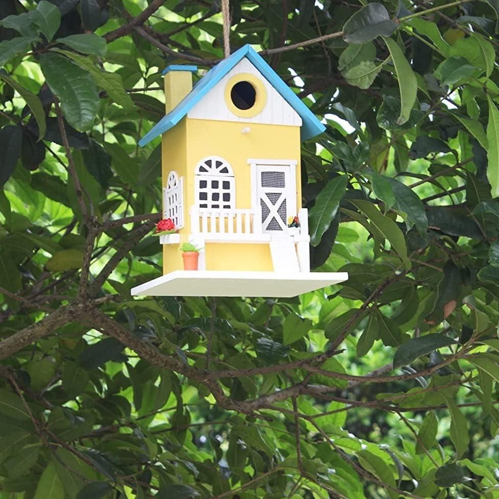 Colorful Wooden Birdhouse with Blue Roof and Yellow Walls