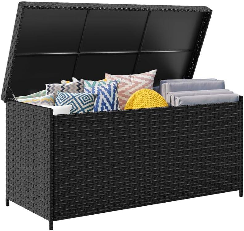 DWVO 230 Gallon Outdoor Storage Box, Weather-Proof Wicker Deck Box, XXL Outside Storage Container for Patio Furniture, Cushions, Pool Storage and Garden Tools, Black
