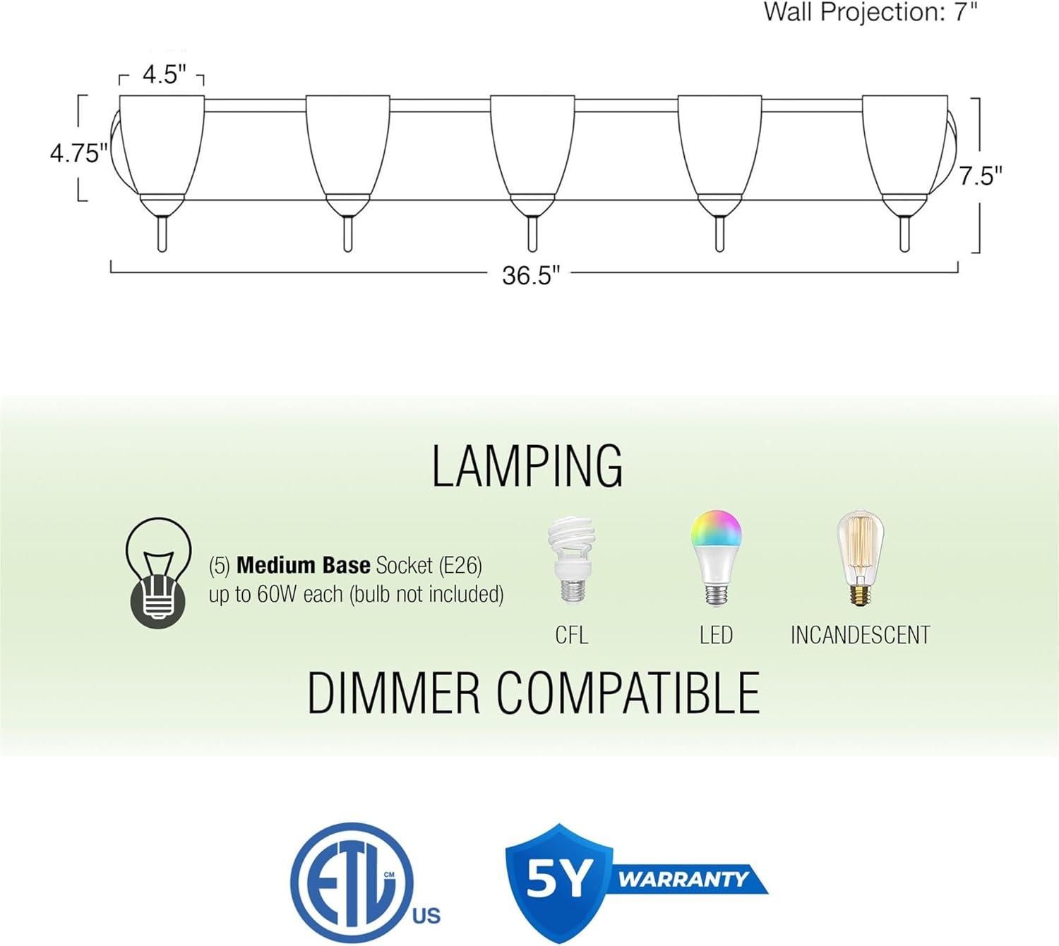 Kira Home Armada 37" 5-Light Over Mirror / Bathroom Light, Frosted Glass Shades, Curved Arms, Brushed Nickel