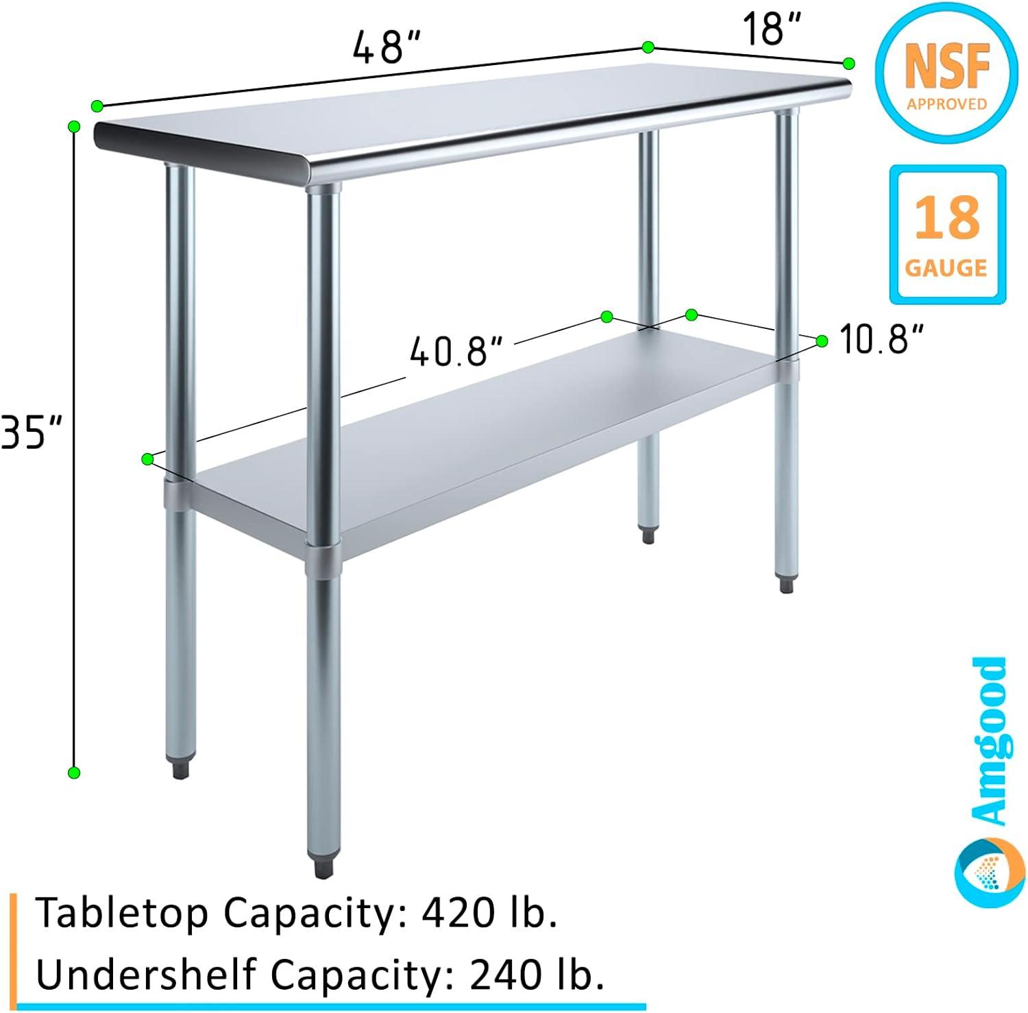 48" Stainless Steel Kitchen Utility Table with Adjustable Shelf