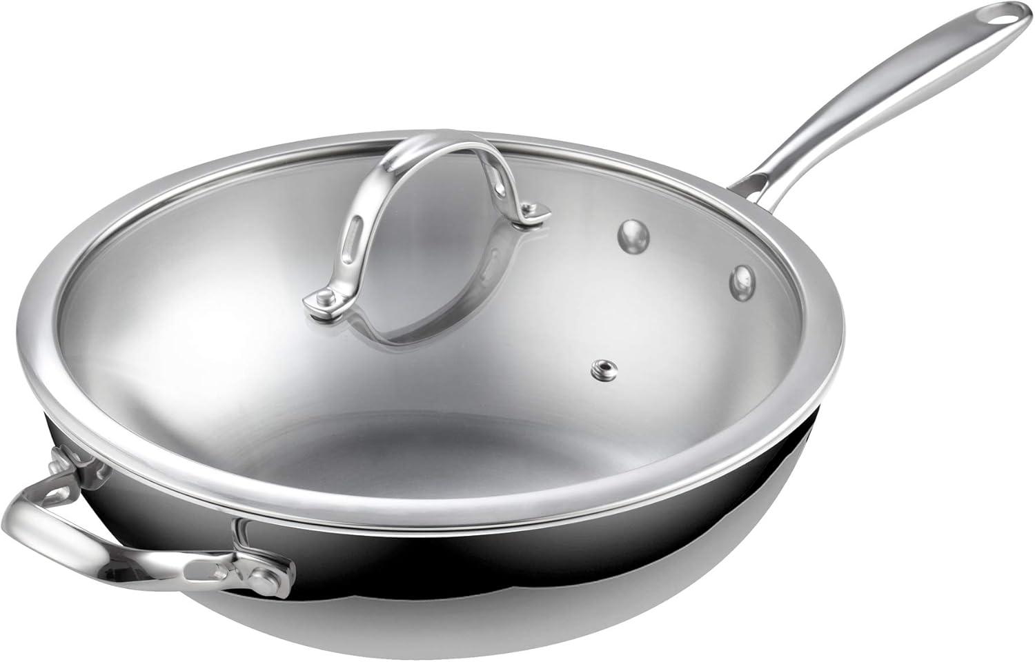 Cooks Standard Wok Pan Stainless Steel, 12-Inch Multi-Ply Clad Stir Fry Pan with Glass Lid, Induction Cookware, Silver