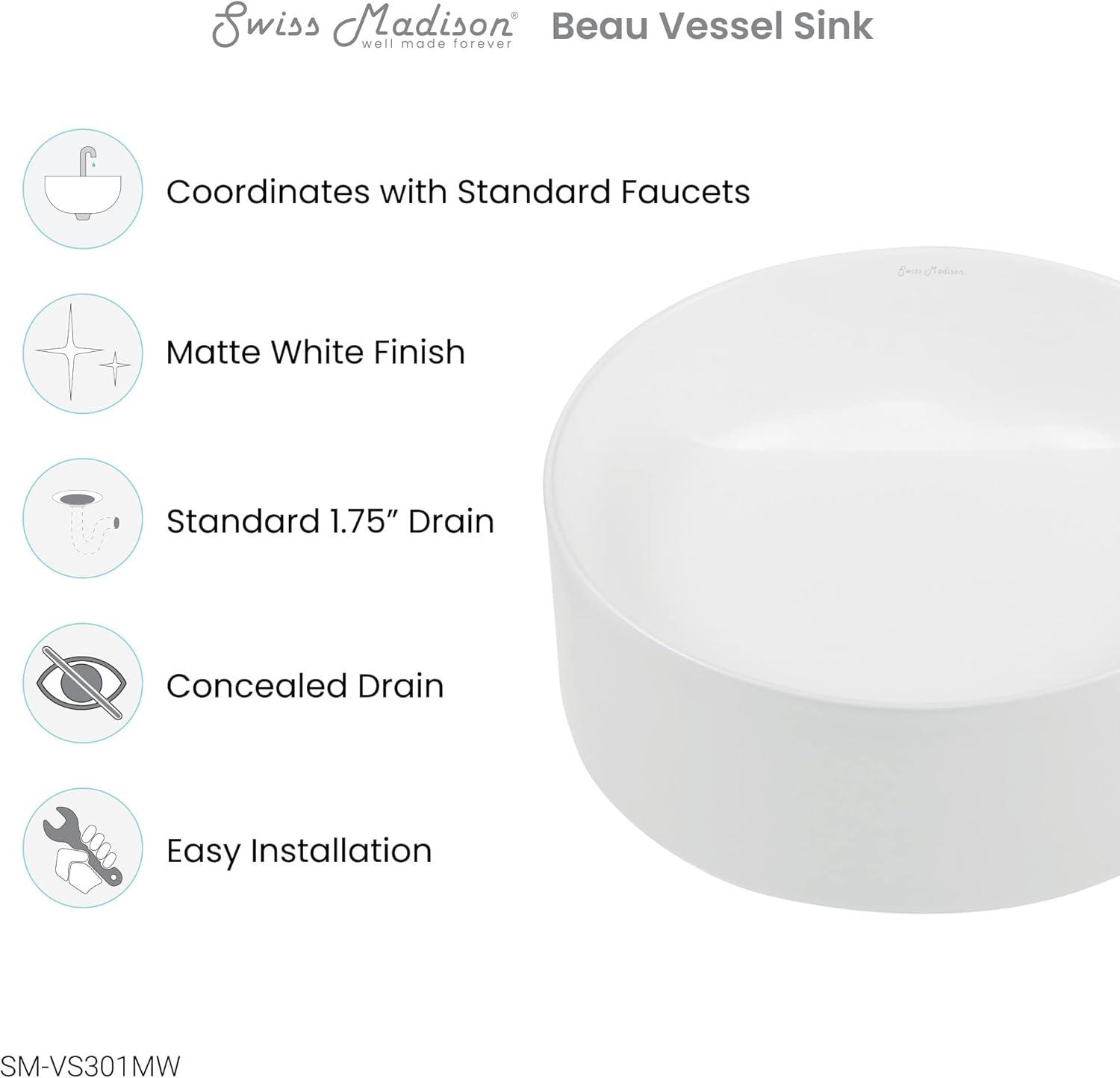 Beau 16.5'' Matte White Ceramic Round Vessel Bathroom Sink