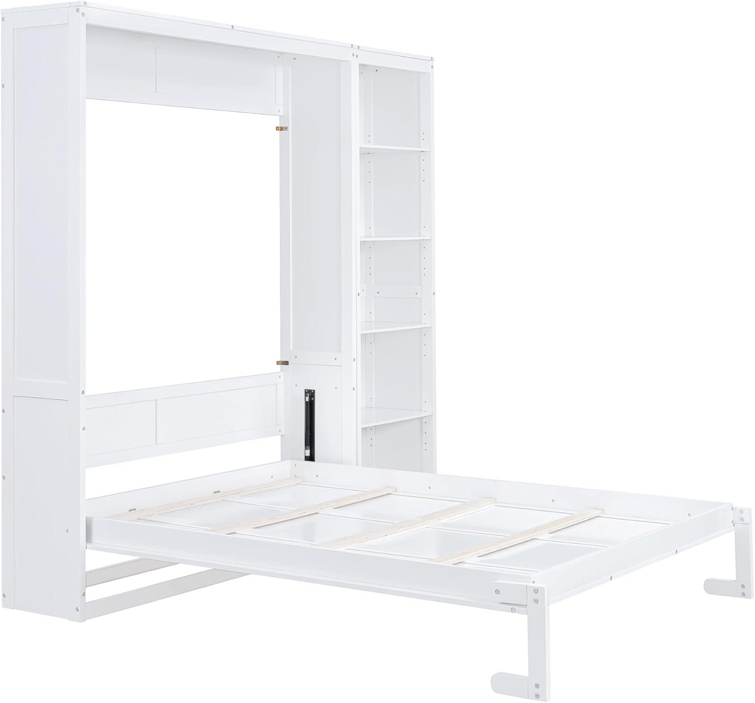 White Queen Murphy Bed with Shelves and Cabinet