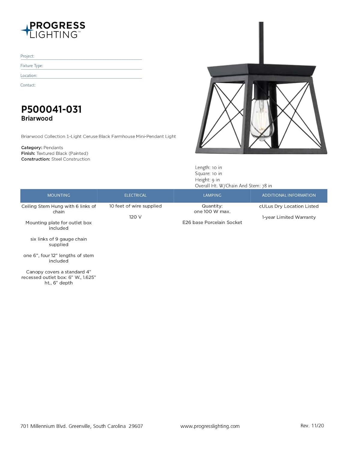 Progress Lighting Briarwood 1-Light Mini-Pendant, Steel, Textured Black, Faux-Painted Wood Enclosure