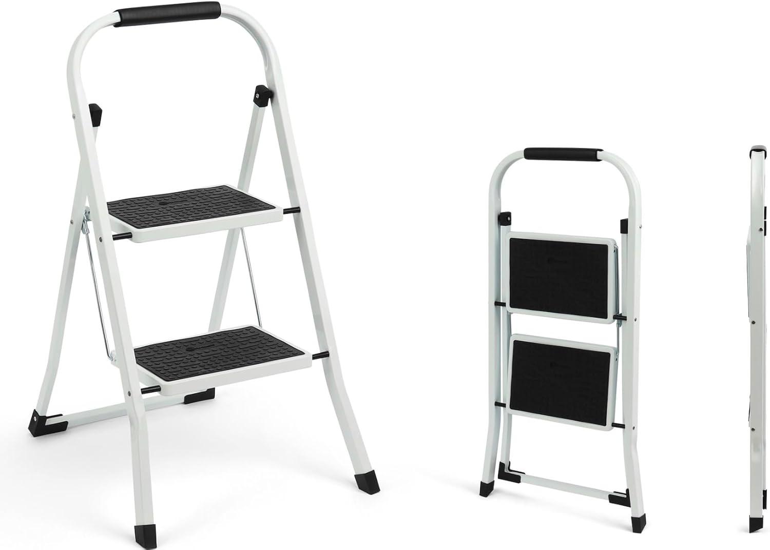 White 2-Step Foldable Steel Ladder with Anti-Slip Pedal