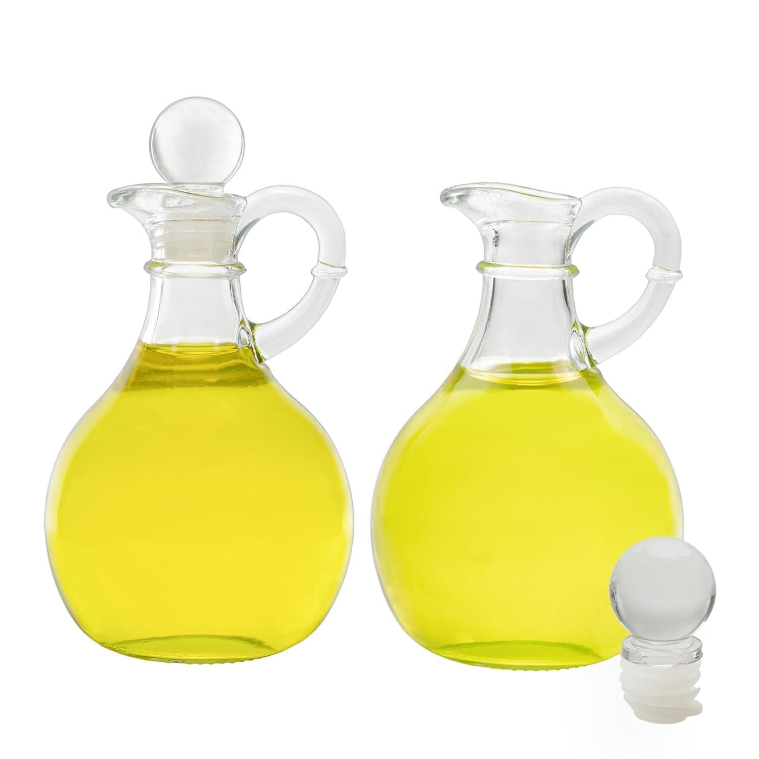 Cornucopia Brands 8oz Glass Oil and Vinegar Cruets (Set of 2); Round Oil Dispensers / Salad Dressing Bottles w/ Stoppers